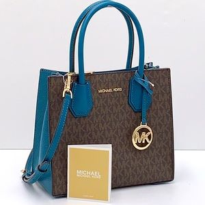 MICHAEL KORS MERCER MEDIUM MESSENGER CROSSBODY BAG LAGOON/ BROWN SIGNATURE